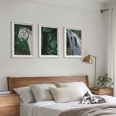 Set om 3 tavlor Vit tiger lämnar vattenfall