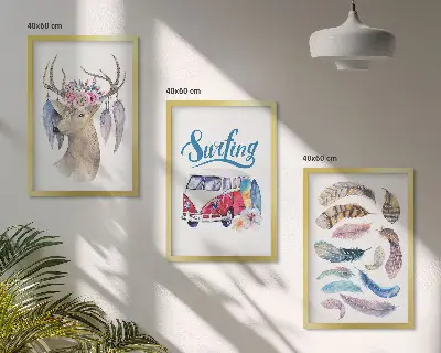 Hjort med blommor och horn tavelset med ramar