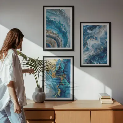Blå abstrakta mönster set om 3 tavlor