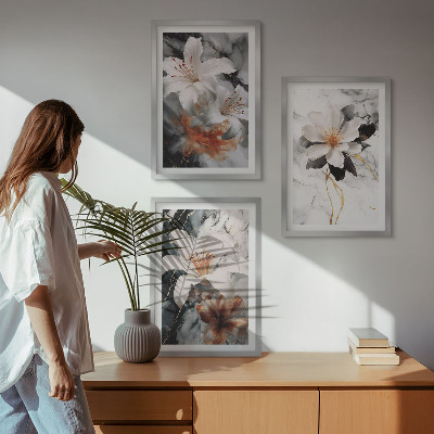 Tavelset ovanför soffa Blommor marmor vit svart