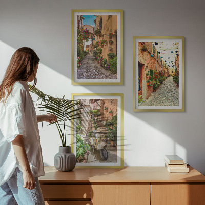 Set om 3 tavlor Gator, blommor, italiensk atmosfär