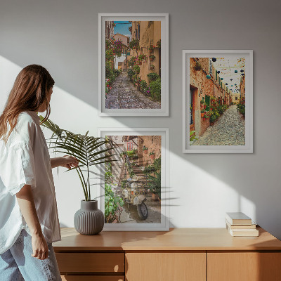 Set om 3 tavlor Gator, blommor, italiensk atmosfär