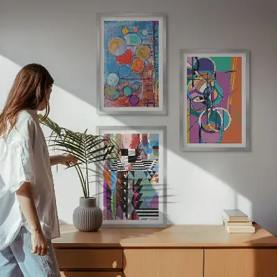 Färgglad abstrakt tavla med cirklar och geometri set om 3 tavlor