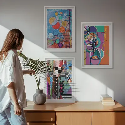 Färgglad abstrakt tavla med cirklar och geometri set om 3 tavlor
