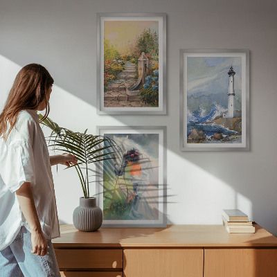 Tavelpaket med ramar Landskap fyr häst flicka