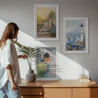 Tavelpaket med ramar Landskap fyr häst flicka