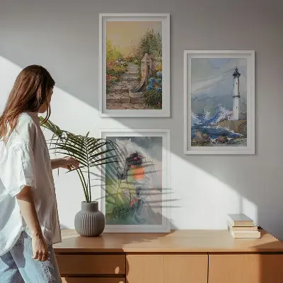 Tavelset med ramar landskap med fyr, häst och flicka