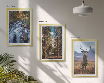 Tavelpaket med ramar vattenfall skog berg rådjur natur