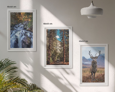 Tavelpaket med ramar vattenfall skog berg rådjur natur