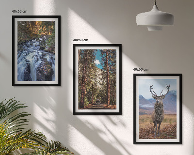Tavelpaket med ramar vattenfall skog berg rådjur natur