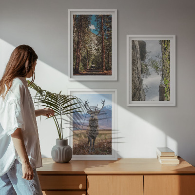 Set om 3 tavlor väg skog berg rådjur natur
