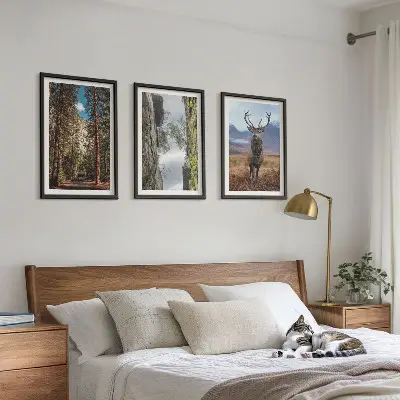 Set med 3 tavlor med motiv av skog, berg och rådjur i naturen