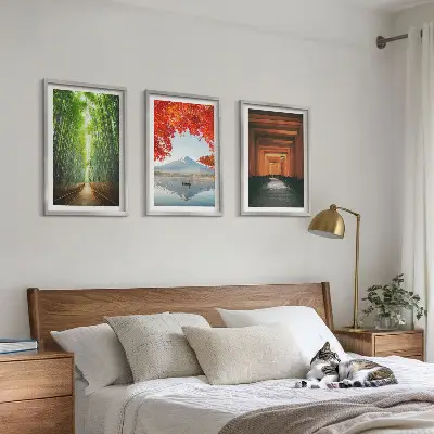 Fuji bambuskogslandskap tavelset ovanför soffa