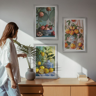 Tavelset ovanför soffa Granatäpplen, persikor, citroner