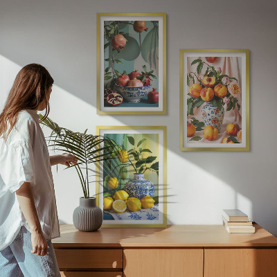 Tavelset ovanför soffa Granatäpplen, persikor, citroner
