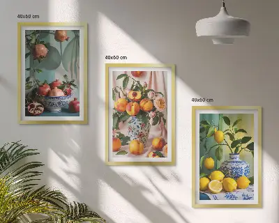 Tavelset med motiv av granatäpplen, persikor och citroner tavlor ovanför soffa