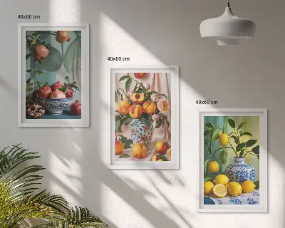 Tavelset med motiv av granatäpplen, persikor och citroner tavlor ovanför soffa