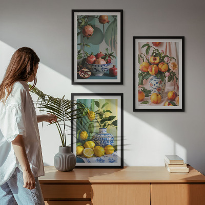 Tavelset ovanför soffa Granatäpplen, persikor, citroner