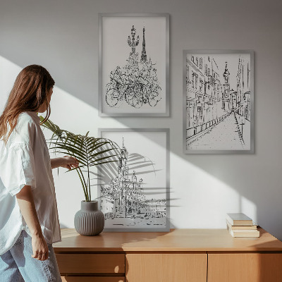 Set om 3 tavlor Enkla teckningar av urbana landskap