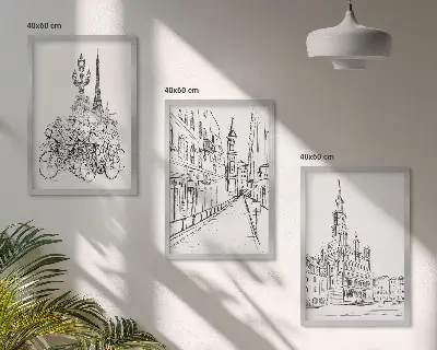 Enkla teckningar av urbana landskap set om 3 tavlor