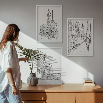 Set om 3 tavlor Enkla teckningar av urbana landskap