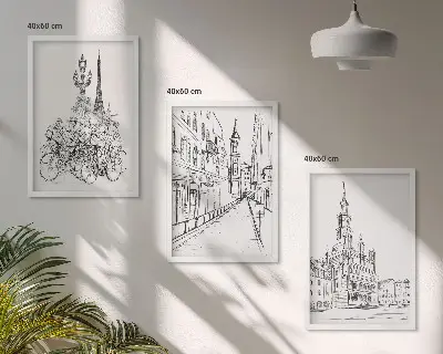 Enkla teckningar av urbana landskap set om 3 tavlor
