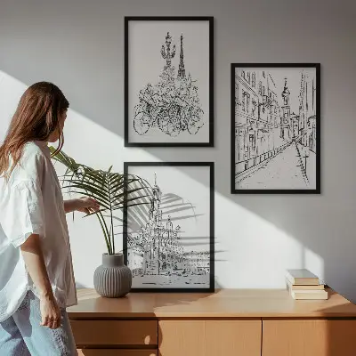 Enkla teckningar av urbana landskap set om 3 tavlor