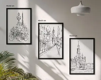 Enkla teckningar av urbana landskap set om 3 tavlor