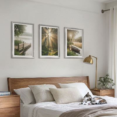 Set om 3 tavlor Sjö, skog, båt, morgondimma