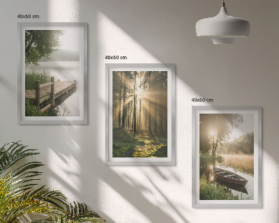 Set om 3 tavlor Sjö, skog, båt, morgondimma