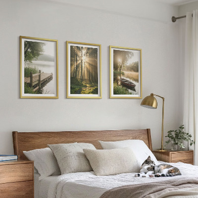 Set om 3 tavlor Sjö, skog, båt, morgondimma