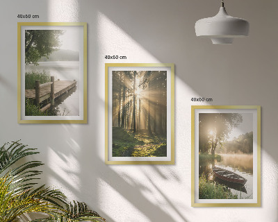 Set om 3 tavlor Sjö, skog, båt, morgondimma