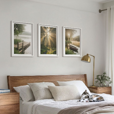 Set om 3 tavlor Sjö, skog, båt, morgondimma