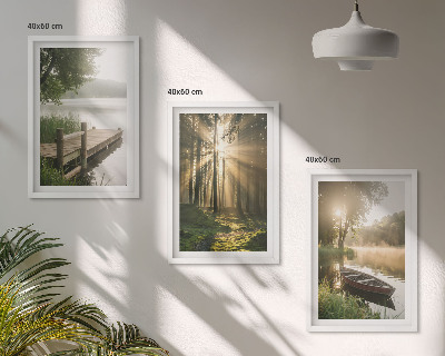 Set om 3 tavlor Sjö, skog, båt, morgondimma