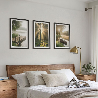 Set om 3 tavlor Sjö, skog, båt, morgondimma