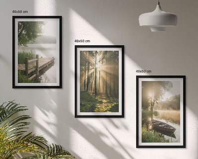 Set om 3 tavlor Sjö, skog, båt, morgondimma