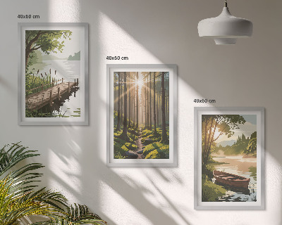 Tavelset ovanför soffa Landskap av skog, sjö, båt