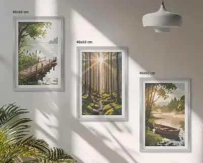 Tavelset för vägg ovanför soffa landskap med skog, sjö och båt