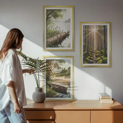 Tavelset för vägg ovanför soffa landskap med skog, sjö och båt