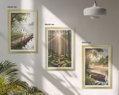 Tavelset ovanför soffa Landskap av skog, sjö, båt