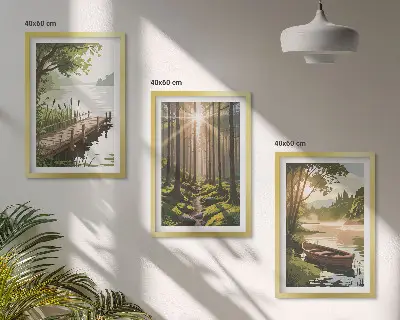 Tavelset för vägg ovanför soffa landskap med skog, sjö och båt