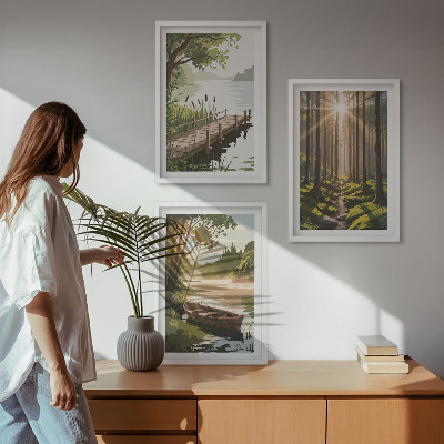 Tavelset ovanför soffa Landskap av skog, sjö, båt