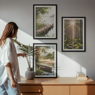 Tavelset ovanför soffa Landskap av skog, sjö, båt
