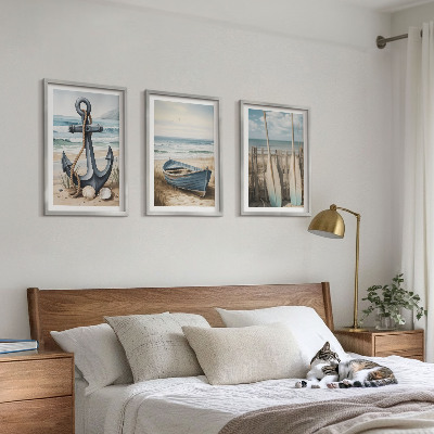 Tavelpaket med ramar Ankare båt åror strand