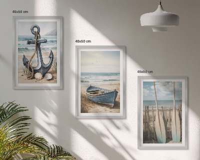 Tavelpaket med ramar Ankare båt åror strand
