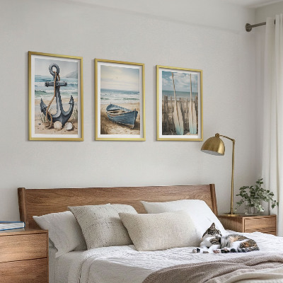 Tavelpaket med ramar Ankare båt åror strand