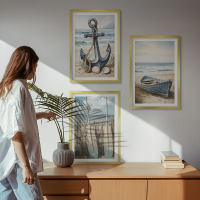 Tavelpaket med ramar Ankare båt åror strand