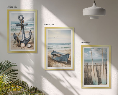 Tavelpaket med ramar Ankare båt åror strand