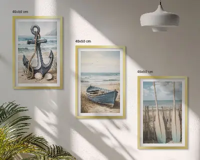 Tavelpaket med ramar med motiv av ankare, båt, åror och strand