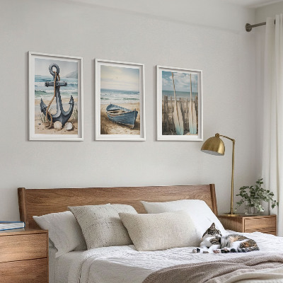 Tavelpaket med ramar Ankare båt åror strand